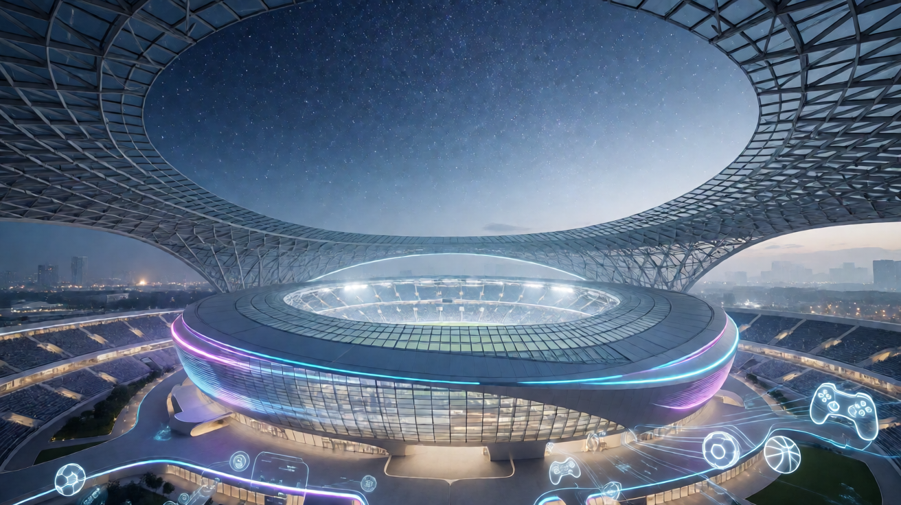 星空XK集团体育官网背景，现代化体育场馆夜景