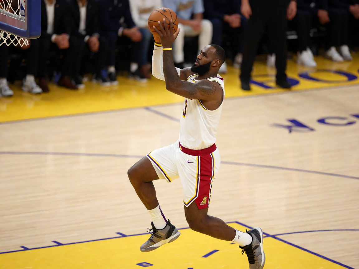 NBA季后赛：湖人队与勇士队激烈对抗，勒布朗詹姆斯正在上篮